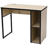 [山善] デスク 幅90cm (奥行45×高さ72cm) 天板耐荷重50kg A4対応 棚板高さ調節可 2口コンセント 傷・汚れ・水分・熱に強い(メラミン加工) 北欧 ノピア 組立品 ウッドナチュラル/ブラック NOPE-9045WN/BK