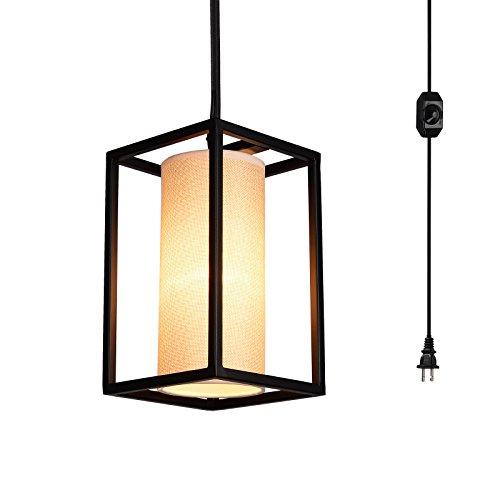 Creatgeek Plug-in Modern Pendant Light with Natural Linen Drum Shade, 16’Cord and in-Line On/Off Dimmer Switch, Black Finish Style