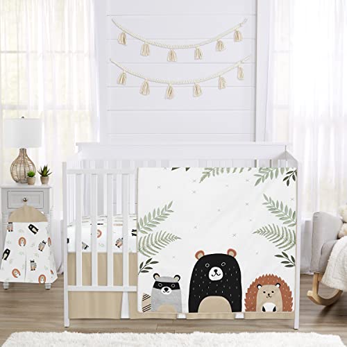 Image of Sweet Jojo Designs Bear Raccoon Hedgehog Forest Animal Woodland Pals Baby Unisex Boy or Girl Nursery Crib Bedding Set - 4 Pieces - Neutral Beige, Green, Black and Grey