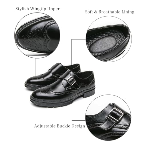 Men's Leather Single Monk Strap Wingtips Oxford Shoes Platform Round Toe Slip On Low Top Brogue Dress Shoes Formal Business Casual Loafers3