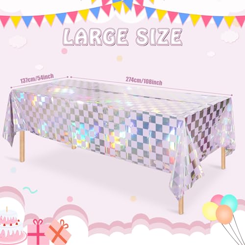 Image of 1Pack Iridescent Checkered and Purple Plastic Tablecloths Shiny Disposable Laser Rectangle Table Covers Holographic Foil Tablecloth Iridescent Party Decorations Birthday Bridal Baby Shower, 54x108Inch