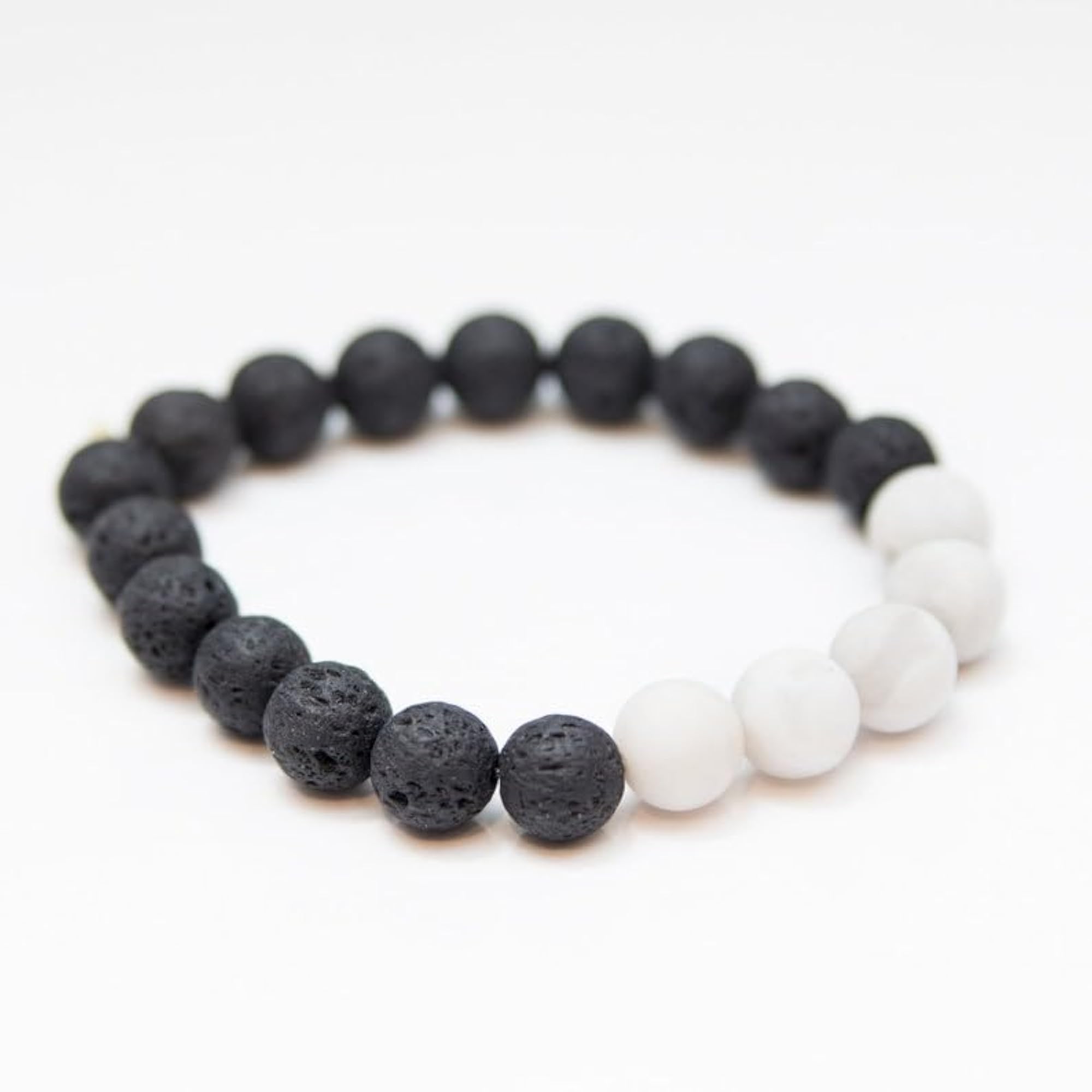Natural Matte White Agate & Black Lava 8mm Round Bead Stretchable Bracelet, Unisex