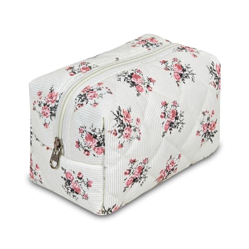 AMZMA Quilted Makeup Pouch,Cotton Puffy Makeup Bag, Coquette Cosmetic Bag for Women and Girls, Aesthetic Organizer Bag, Cute Flower Travel Toiletry Bag