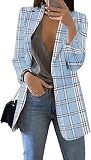 Grlasen Womens Casual Blazer Plaid Slim Fit Lapel Work Office Outerwear Jacket Suit Sky Blue