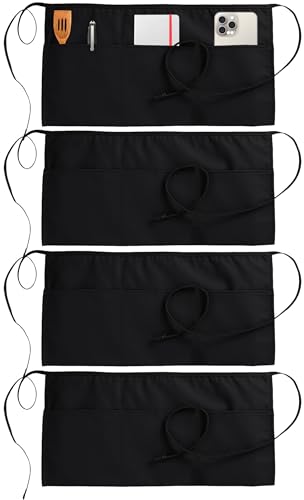 Utopia Wear 4 Pack Server Aprons with 3 Pockets Waiter and Waitress Waist Aprons for Women with Pockets Water and Oil Resistant Men Short Aprons (Black)