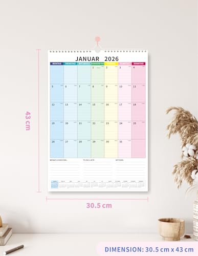 Kalender 2026 Wandkalender groß 43 x 31 cm mit Feiertage und Schulferienübersicht Familienkalender Bunt von Januar 2026 bis Juni 2027, Ideal als Paarkalender oder Familienplaner