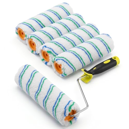 QWORK® 6 Piezas Rodillo de Pintura Set con Mango, 23 x5cm Rodillos de Pintura para Fachadas, Paredes y Techos