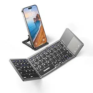 Foldable Bluetooth Keyboard with Touchpad - Samsers Portable Wireless Keyboard with Stand Holder, Rechargeable Full Size Ultra Slim Pocket Folding Keyboard for Android Windows IOS Tablet & Laptop-Gray