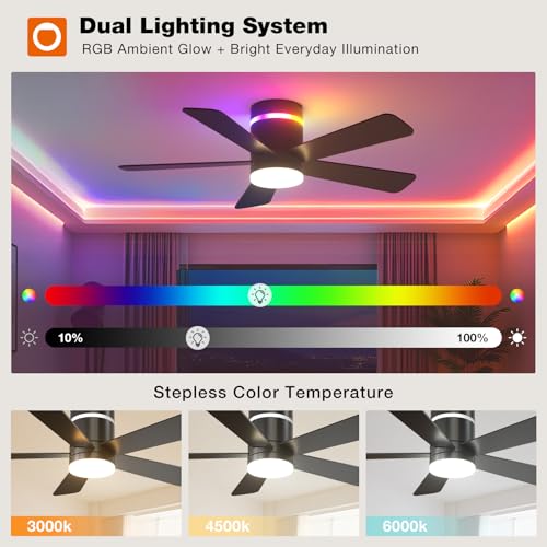 Image of addlon RGB Ceiling Fans with Light, 42'' Low Profile Flush Mount Small Ceiling Fan, Remote Control /APP Control, Reversible, Sleek Modern Fan for Bedroom, Living Room, Kids Room, Indoor /Outdoor, Black