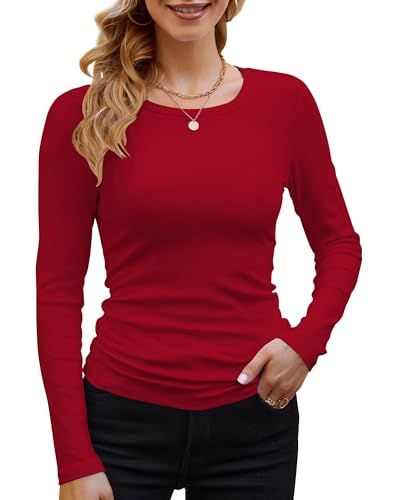 DUOEASE Langarmshirt Damen Basic Longsleeve Elegant Langarm Oberteile Rippshirt Tshirts Tops（Rot,L