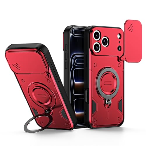 Coque iPhone 17 Pro Max rouge magnétique avec anneau rotatif et support caméra rigide
