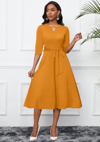 Image of CLOCOR Midi Dresses for Women Casual A-Line Fit and Flare Dress Crewneck 3 /4 Sleeve Keyhole Cocktail Party Church Dress