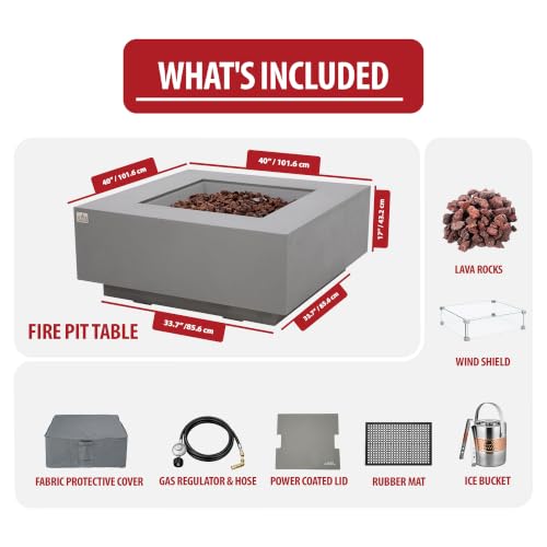 Image of AMS Creations | Brooklyn 40 inch Bundle Square Natural Gas Outdoor Fire Pit Table | Light Gray Concrete GFRC Smooth Texture Surface Fire Pit Table