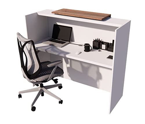 Ugos Icon 55" Modern Reception Desk W/Transaction Counter | Laminate Desktop | Multifunctional Standing Table For Home, Office, Salon, Spas, And Lobby (White And Teak) #TOP1