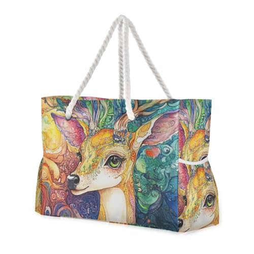 Boho Colorful Deer Sturdy Tote Bag Travel with side pocketes Carry On Bag for Travel Gym Vacation