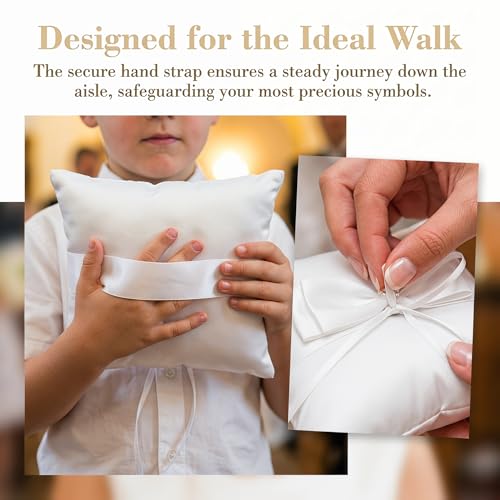 Image of Wedding Ring Bearer Pillow with Satin Bow, Pearl Detail White Ivory | Ivory satin fabric, pearl detail, classic bow, soft cushion, for wedding ceremony ring bearer