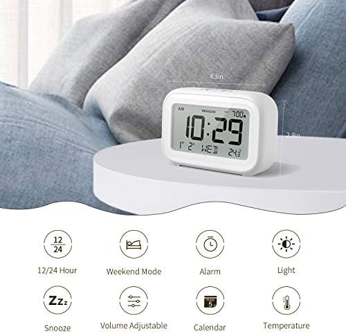NOKLEAD Digital Alarm Clock for Bedroom Travel Office - Modern Minimalist Style with LCD Display Volume Adjustable Snooze 12/24Hr and Weekend Mode, Easy Setting, 2 AAA Battery Operated (White)