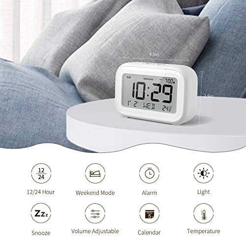 HAPTIME Digital Alarm Clock for Bedroom Travel Office - Modern Minimalist Style with LCD Display Volume Adjustable Snooze 12/24Hr and Weekend Mode, Easy Setting, 2 AAA Battery Operated (White)