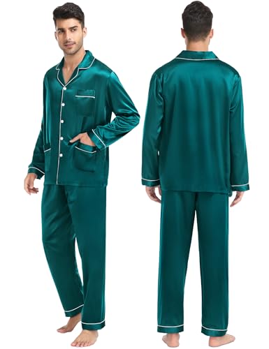 SWOMOG Couples Matching Pajamas Set Women & Men Satin Long Sleeve Sleepwear Soft Button Down Pj Set Silk Loungewear Women Green Large3