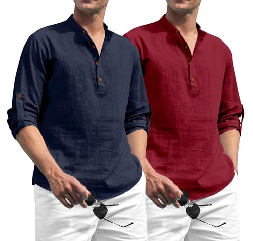 Image of Zombom Combo of Men's Solid Cotton Polyester Blend Full Sleeve Straight Kurta Shirt (Pack of 2)