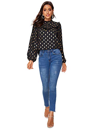 SOLY HUX Women's Frill Trim Long Sleeve Metallic Dots Print Top Blouse Black M