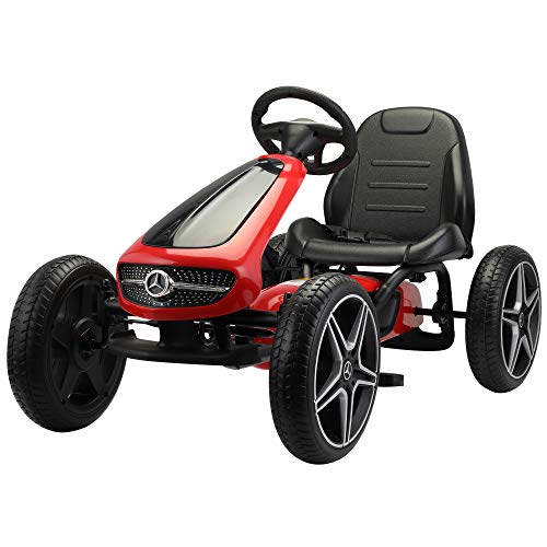 4 Wheel Pedal Go Kart, Kid’s Ride-on with Optional Installation Position Manual Brake Lever Music and Horn (Red)