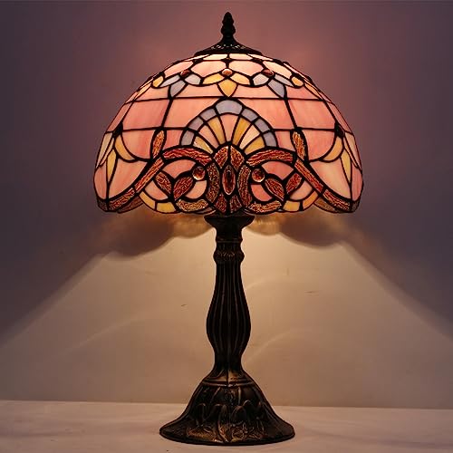 Image of WERFACTORY Tiffany Lamp Bedside Pink Stained Glass Table Lamp 18 Inch Tall