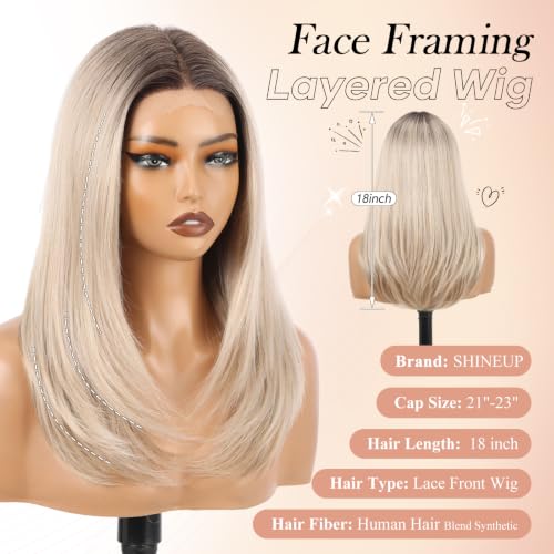 Image of EMMOR Human Hair Wig for Women 13x5x1 Inch HD Lace Front Wig 18 Inch Layered Glueless Wigs Pre-Plucked Hairline Human Hair Blend Premium Synthetic Fiber for Everyday Wear(Ombre Gray Blonde)