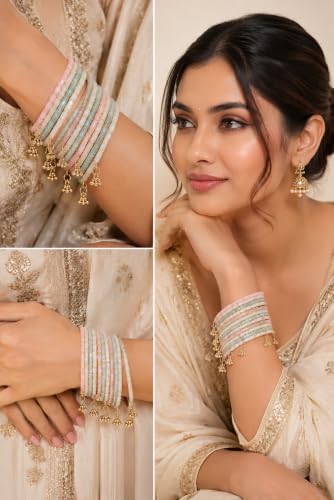 Image of Kashmiri Ghangharoo Glass Bangle Set for Women| Light Weight Bangles | Traditional Transparent Fancy Glass Chudi Set for Wedding, Party.