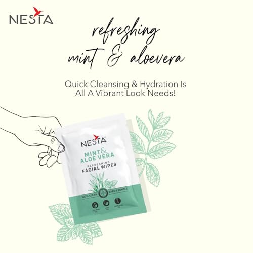 Image of Nesta Individually Packed Facial Wet Wipes for Women & Men; Mint & Aloe-Vera; Clears Dirt, Gives Fresh & Glowing Skin with Moisture; Alcohol Free, Eco Friendly(10 Packets x 10 Wipes = 100 Wipes)