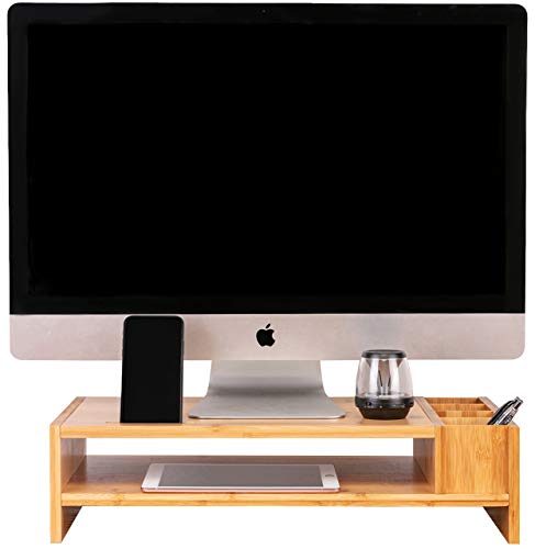 Bamboo Monitor Stand, 2-Tier Monitor Riser with Storage Accessories, Computer Desk Organizer, Office Desktop and Laptop Wooden Shelf by Olive Oak