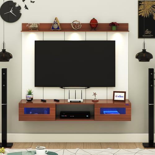 Image of Anikaa Orilo Wall Mounted PVC Back Panel TV Unit with Spot & Blue Ambient LED Light - Acrylic Storage Box, Display Shelf & Soft-Close Hinges | Ideal for UP to 50 Inch TV (Walnut - DIY Installation)
