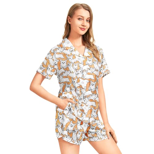 Image of Funny Pajamas for Women Set Print Satin Loungewear Pjs Short Sleeve Button Down Top and Shorts Sets Sleepwear XS-3XL