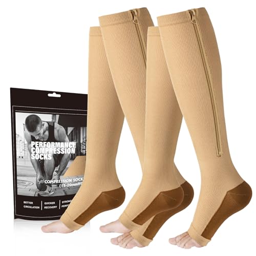 Image of cerpite Zipper Compression Socks, 2-Pack Open Toe 15-20mmHg for Men & Women