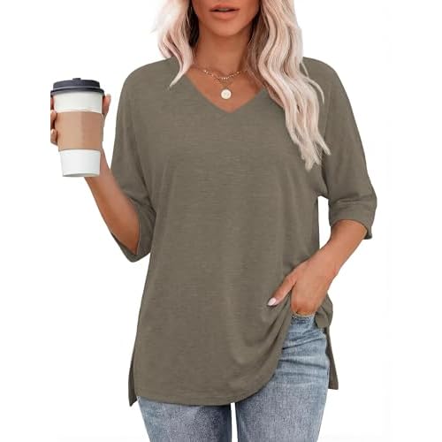 Totatuit Womens Oversized Tee Shirts Short Sleeve V Neck Blouse Side Slit Basic Tshirts Loose Fit Tunic Tops Khaki XX-Large