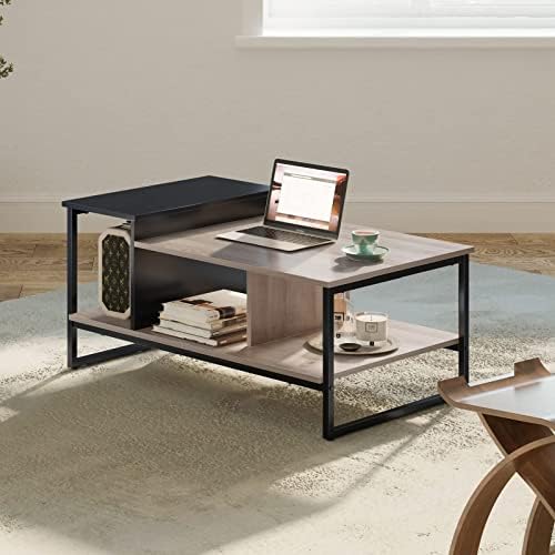 HOMOOI Coffee Table, Industrial Center Table with 2-Level Different Heights Wood Tabletop, Coffee Table with Metal Frame for Living Room, 31.5", Oak&Black