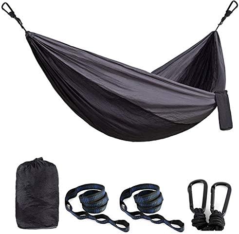 Single & Double Camping Hammock with 2 Tree StrapsLightweight Portable Parachute Nylon Hammock Set for Travel, Backpacking,Beach,Yard and Outdoor Survival (Black/Grey, Full)