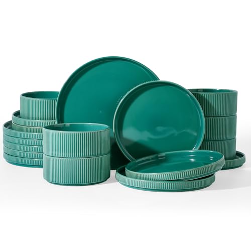Image of Famiware Stoneware Dishes Dinnerware Sets for 6, Ribbed Plates and Bowls | 18-Piece Ceramic Dinner Set with Lipped Edges, Chip & Scratch Resistant , Microwave & Dishwasher Safe, Daily Use, Sage Green