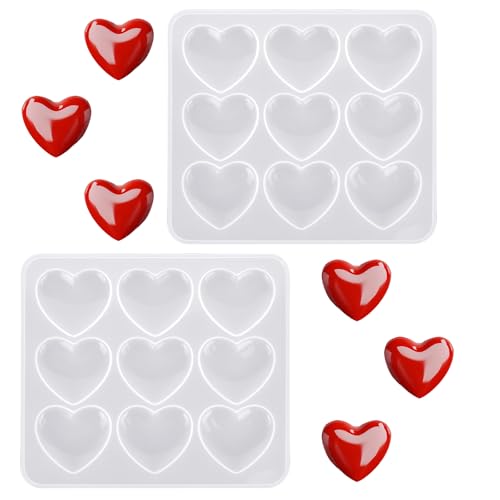 Bewudy 2 moldes de silicona con forma de corazón, resina epoxi, nueve rejillas, para velas, jabones hechos a mano, joyas, colgante