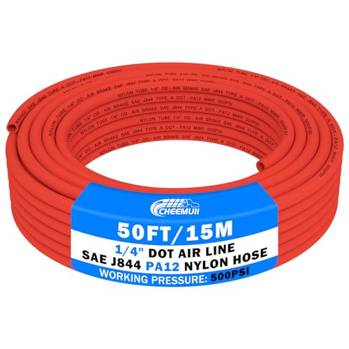 Image of CheeMuii 50 FT 1 /4 inch DOT Air Line Red 1 /4 PA12 Nylon Pneumatic Tubing 15.2 Meter 1 /4 Inch OD Pneumatic Air Tubing Pipe Hose Line for Semi Truck Trailer or Industrial Air System