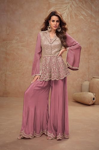 Image of Miss Ethnik Women's Purple Chinon Stitched Top With Stitched Bottom Embroidered Flared Kurta Palazzo Set (ME-1232-Purple)
