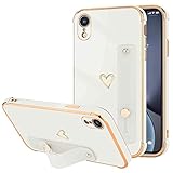 LLZ.COQUE Compatible with iPhone Xr Case for Women Girls, Bling Luxury Plated Bumper with Cute Love-Heart Design, Adjustable Hand Strap Stand, Raised Edges Shockproof Protection for iPhone Xr - White