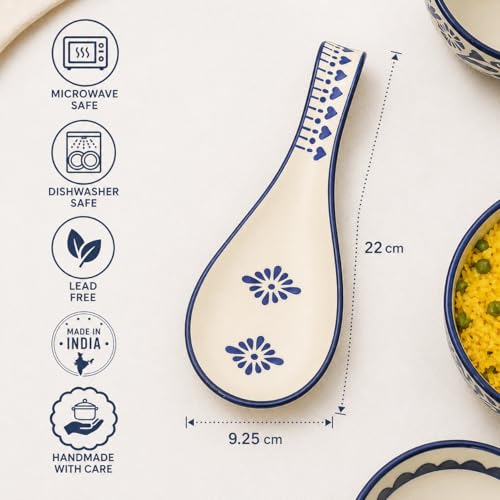 Image of Maya | Hand-Painted Ceramic Spoon Rest - Blue Floral Design, Large Cutlery Holder for Kitchen & Tableware, Pack of 1 (Blue)