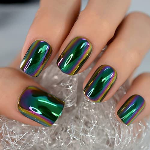 Metallic Dark Green Chrome Press on Nails Short Square Acrylic Fa...