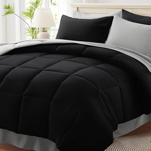 Anluoer Full Size Bed in a Bag 7 Pieces, Black and Grey Bed Comforter Set with Sheets, All Season Bedding Sets with 1 Comforter,2 Pillow Shams,2 Pillowcases, 1 Flat Sheet,1 Fitted Sheet