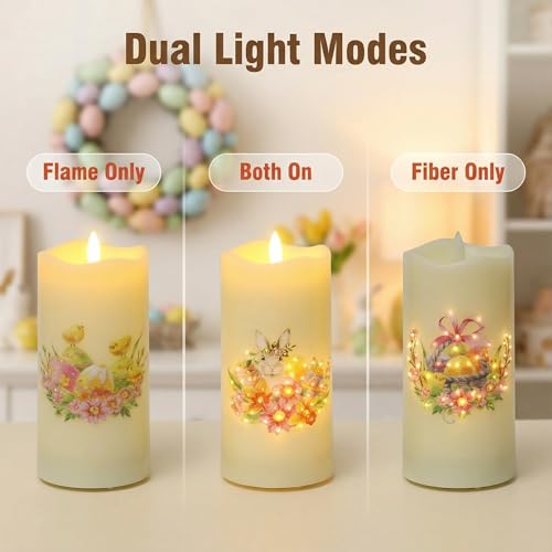 Image of Eywamage Fiber Optic Spring Flameless Candles with Remote, Flickering Easter LED Pillar Candles Battery Operated Set of 3