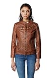 Koroshi Cazadora Chaqueta Motera Mujer Efecto Piel Lavada, color MARRON CLARO/LIGHT BROWN, Talla XS