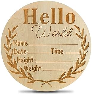 Birth Announcement Sign 6 Inch Hello World Newborn Baby Name Signs for Nursery, Welcome Baby Shower Announcement Sign for Hospital, Wooden Name Sign for New Baby