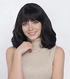 NJJYXH 14 Inches Dark Brown Shoulder Length Wigs for Women Short Wavy Wig with Bangs Synthetic Natural Wig for Daily Use,Cosplay