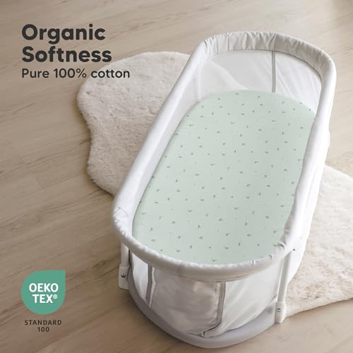 Image of 2-Pack Organic Bassinet Sheets for Girls, Boys - 100% Cotton Bassinet Mattress Sheets Compatible with Halo Bassinest Swivel Sleeper, Graco, Baby Delight, Chicco,Unisex Fitted Bassinet Sheets(Bunnies)